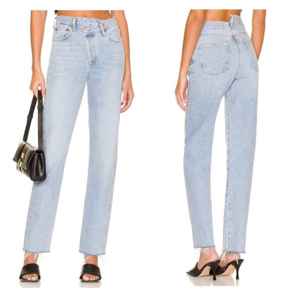 Agolde Criss Cross Jeans Blue Denim Asymmetric Straight Leg High Rise size 26 - Picture 1 of 10